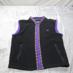 Alf Kuhl Fleece Vest Women Medium Black Aztec Trim Full Zip Hiking RARE VTG 80s?